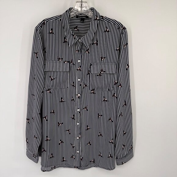 Roz & Ali Womens Button-Up Striped Blouse humming bird Print blue size XL - Picture 4 of 14